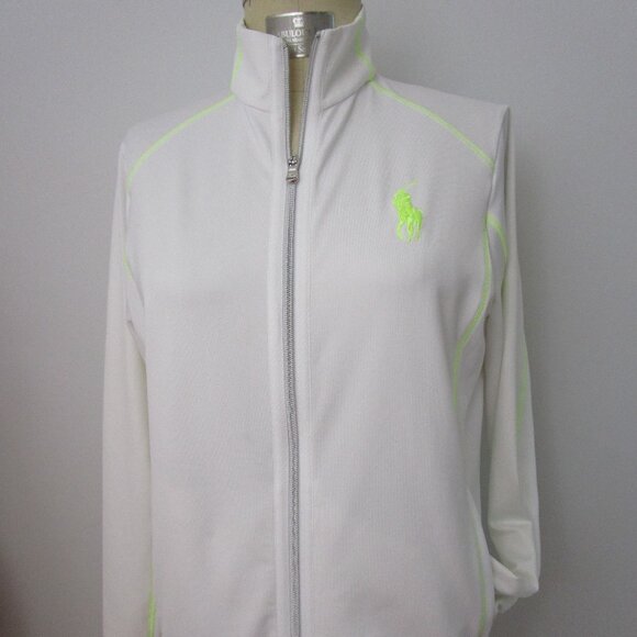 White Golf Jacket Full Zip Neon Yellow Topstitch Funnel Collar Polo - Picture 1 of 9
